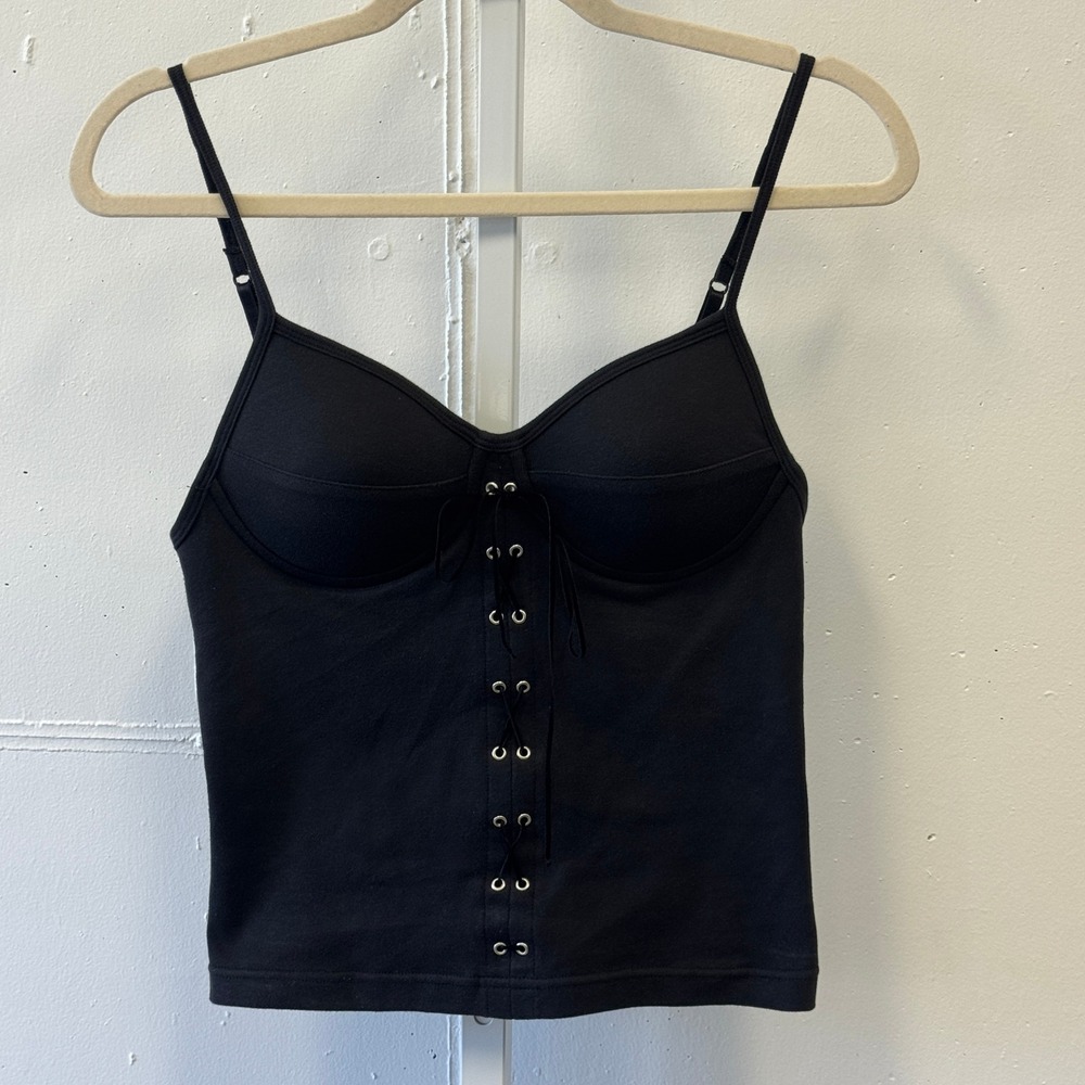 Y2K Betty Blue Lace Up Corset Style Build In Bra Bustier Cami‎ Top Gothic Lg Blk